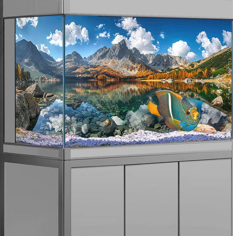 Natural Mountain Aquarium Background, Art Natural Landscape Theme Fish Tank Background, Crawling Terrarium Background 24X12IN with 8 EVA Double-Sided Tape - color: Landscape01, size: 24X12in/60X30cm