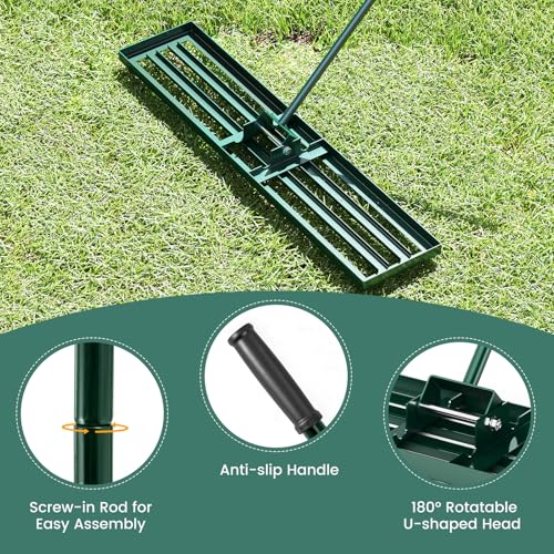 Goplus Lawn Leveling Rake, 46" x 10" Heavy Duty Level Lawn Tool w/ Ergonomic Handle for Soil, Effort-Saving Landscape Rake for Garden, Backyard, Golf Course, Farm, Pasture - style: 46" x 10", Green
