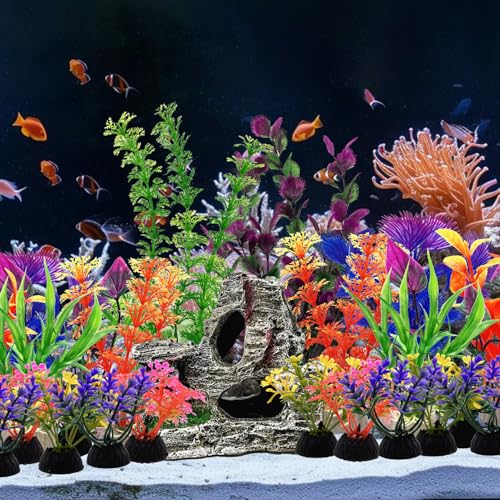 SLOCME 25 PCS Aquarium Plants & Rock Cave Decorations Set – Colorful Fish Tank Plastic Plants Ornaments with Resin Rock Hideout, Realistic Aquarium Decor Accessories for Freshwater & Saltwater Tanks