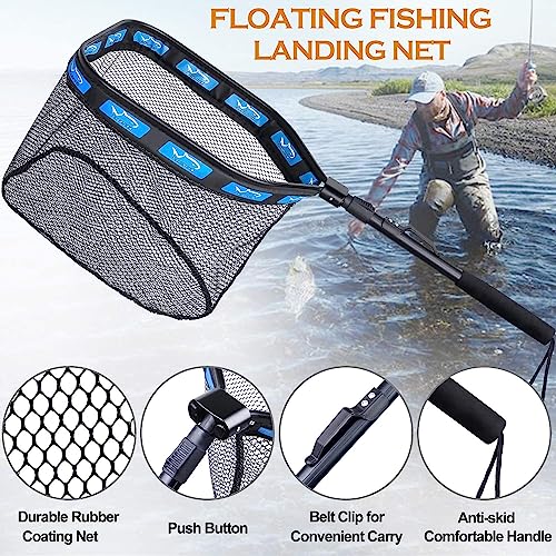 PLUSINNO Floating Fishing Net for Steelhead, Salmon, Fly, Kayak, Catfish, Bass, Trout Fishing, Rubber Coated Foldable Landing Net with Fixed or Telescoping Pole Handle, Fishing Gear and Gifts for Men - color: 2 Pack - 0.8M Blue