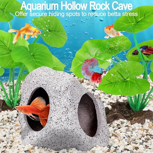 MyLifeUNIT Fish Tank Decor, Silk Aquarium Plants and Hideaway Rock Cave Decor for Betta Fish Tank Accessories, Goldfish, Turtle Tank Decorations