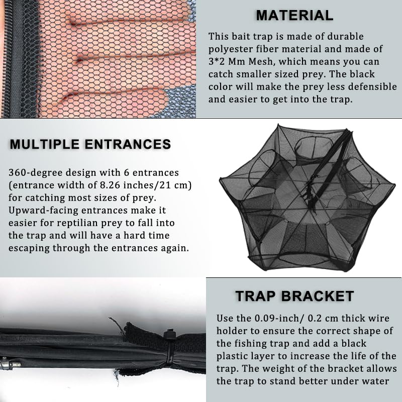 Drasry Black Fishing Bait Trap Foldable Fish Net for Minnow Crab Crayfish Crawdad Shrimp Trap Cast Net Dip Cage Collapsible Easy Use 4 6 Hole Fishing Accessories - color: Black, size: 27.6*10.2 in（ 70*26 cm）, style: 1pcs 4 Entrance Holes