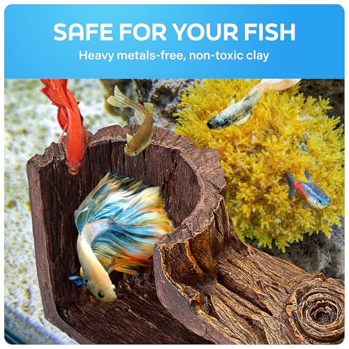 FISHNOSH Aquarium Cave | Natural-Looking Wood-Like BPA-Free Fish Tank Cave for Corners | 5.1” x 2” x 2.7” Fish Hideout for Aquarium | Guppy, Neon Tetra, Corydoras Catfish, Betta Hide | Tank Decor