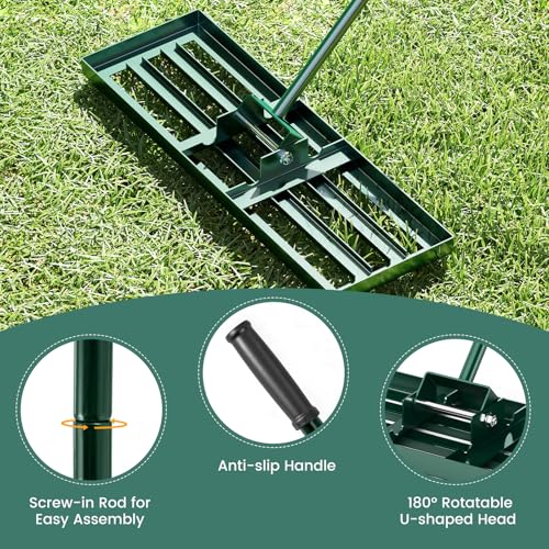 Goplus Lawn Leveling Rake, 30" x 10" Heavy Duty Level Lawn Tool w/ Ergonomic Handle for Soil, Effort-Saving Landscape Rake for Garden, Backyard, Golf Course, Farm, Pasture - style: 30" x 10", Green