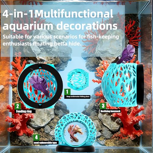 Floating Betta Hideout Cave for Aquarium, Multi-Function Resting Hammock & Shrimp Feeder with Fish Feeding Ring, Betta Fish Tank Accessories, Aquarium Decor & Fish Tank Decor（Ice Blue）
