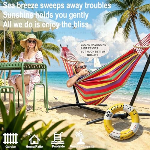 GOCAN Double Hammock 2 Person Extra Large 220x160cm Total Length 330cm Load 500lb Canvas Cotton Hammock for Patio Porch Garden Backyard Lounging Outdoor and Indoor with Removable Spreader bar - color: Red Stripe