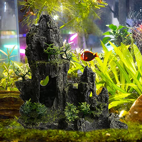 AnRui Large and Tall Aquarium Mountain View Stone Decorations Resin Betta Rock Aquascaping Hiding Cave Ornaments Fish Tank Accessories Decorations with Small Plants - size: 10.62"x4.72"x11.2"