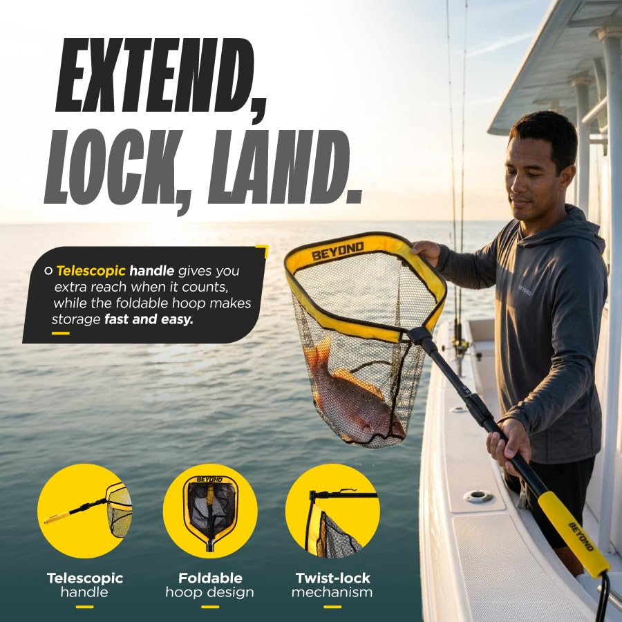 Beyond Braid Floating Fishing Net with Handle – Folding Fishing Net for Easy Storage – Telescopic Landing Net for Bass, Trout, Kayak & Boat Fishing – Durable, Lightweight & Fish Friendly