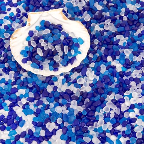 QEQEKAKA Sea Glass Stones for Crafts About 1LB (405g/14.28oz) Glass Pebbles Gemstones Bulk for Beaching Wedding DIY Decoration Aquarium Turtle Tank Vase Filler - color: White & Dark/Light Blue, size: 1LB (405g/14.28oz)