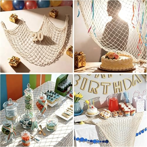 Decorative Fishing Net 1 Pack, 5x10 ft Large Beige Fish Net Decor for Wall, Photo Display, Nautical Mermaid Pirate Ocean Themed Beach Hawaii Under the Sea Party Decorations - color: Beige, size: 1 Pcs-5x10 Feet