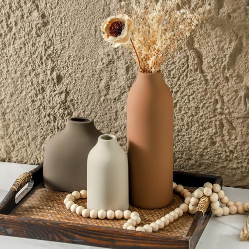 Enra Modern Ceramic Vase Set of 3 for Living Room Decor Centerpiece,Cute Small Farmhouse Rustic Pottery Vases for Pampas Grass, Dried Flowers, Artificial Plants,Tabletop Accents for Bookshelf Entryway - color: Multicolor-3