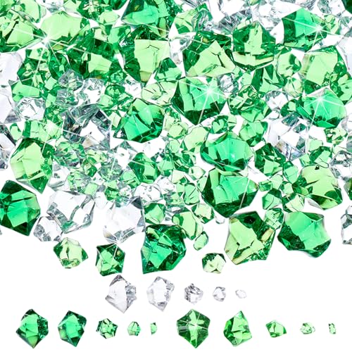 Syhood 570 Pcs 5 Sizes Green and Clear Fake Crushed Ice Rocks Irish Acrylic Diamonds Plastic Gemstones Treasure Crystal Gems for Vase Fillers Table Scatter Fish Tank Centerpieces Decoration - color: Green