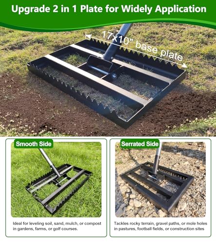 Lawn Leveling Rake - Heavy Duty Yard Leveler , Reinforced Welds, 74" Adjustable Handle, Reversible Plate for Soil, Dirt, Ground, Backyard Top Dressing, Landscaping (17x10 inch)
