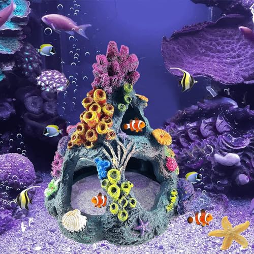 Fish Tank Decoration Set, Aquarium Decor Colorful Coral Mountain x 1pc, Betta Fish Tank Accessories Aquatic Plants x 4pcs，Aquarium Decor Starfish x 1pcs.
