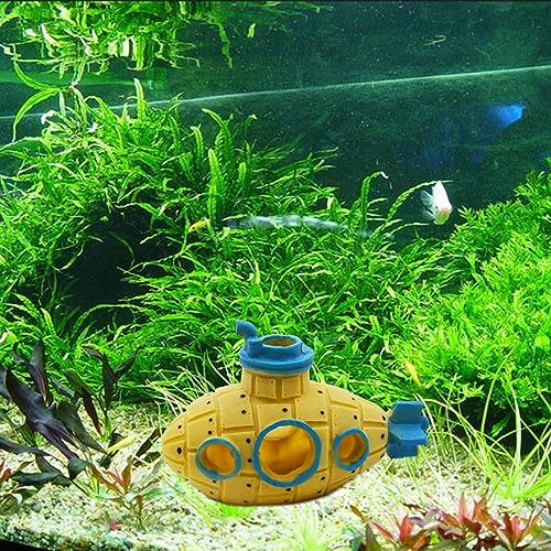 Saim Little Cute Retro Submarine Aquarium Decoration,Cave Landscaping Ornament for Shrimp Shelter Betta Cichlid Goldfish Hermit Crabs Fish Tanks Fish Toy - Yellow