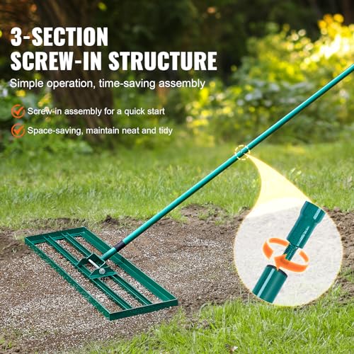 VEVOR Lawn Leveling Rake, 30" x10" Level Lawn Tool, Heavy-Duty Lawn Leveler with 78" Steel Extended Handle, Yard Leveling Rake Suit for Garden, Golf Lawn, Farm, Green - size: 30"x10", style: Classic: Alloy