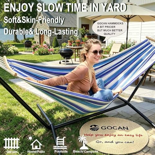 Double Hammock 2 Person Extra Large 220x150cm Total Length 330cm Load 500lb Canvas Cotton Hammock for Patio Porch Garden Backyard Lounging Outdoor and Indoor with Removable Spreader bar - color: Blue9