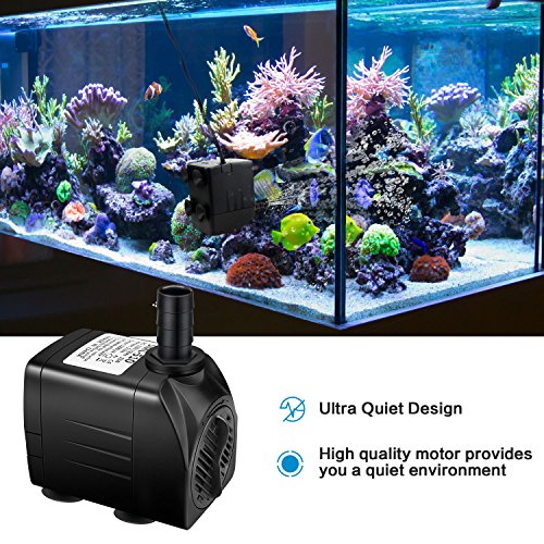 Jhua Water Fountain Pump 300GPH (1100L/H, 21W) Submersible Water Pump, Ultra Quiet Fountain Pumps Submersible Outdoor with 5.9ft Power Cord, 3 Nozzles for Aquarium, Tank, Pond, Statuary, Hydroponics