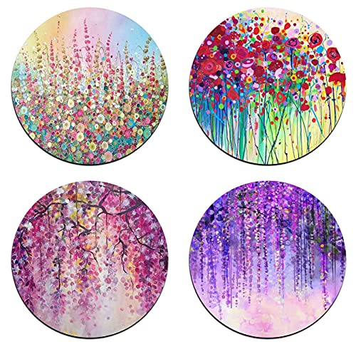 Colorful Watercolor Flowers Round Coaster Set - Made of Recycled Rubber - Set of 4 - color: Colorful Watercolor Flowers