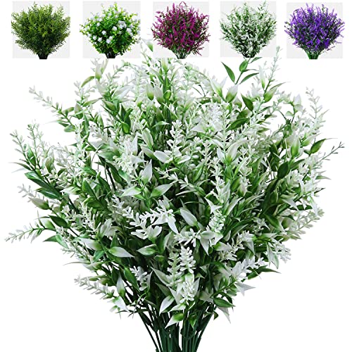 XLFAQXM 8 Pack Artificial Plants Flowers Grass Shrubs No Fade Faux Plastic Flowers Outdoor for Vases Farmhouse Garden Porch Patio Office Indoor Wedding Decoration Greenery Fake Plants (5#White) - color: 5#white