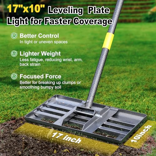 Lawn Leveling Rake: Anti Flipping 17" x 10" Stainless Steel Lawn Ground Leveler for Soil, Heavy Duty Grass Top Soil Dressing Leveling Rake, Home Lawn,Golf Field,Yard Landscaping Tool, 60” Long Handle