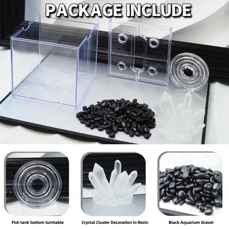 Mini Betta Fish Tank, Stackable Small Fish Bowl for Desktop Decoration, 0.2 Gallon 360° Rotatable Tiny Aquarium Kit with Gravels & Resin Crystal Cluster for Sea Monkey, Shrimp
