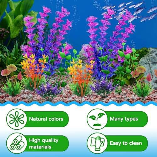 Fish Tank Decorations - 10 Pcs Colorful Aquarium Plants, Plastic Accessories, Mini Plants for Aquarium Decor