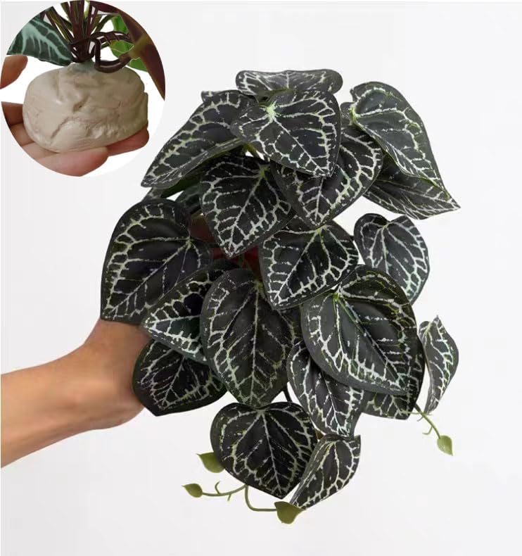 Reptile Plants for Terrarium,Amphibian Habitat Decor,Artificial Plants for Gecko Chameleon Snake Tortoise Bearded Dragon Tank Accessories with Base（Anthurium Crystallinum） - color: Anthurium Crystallinum
