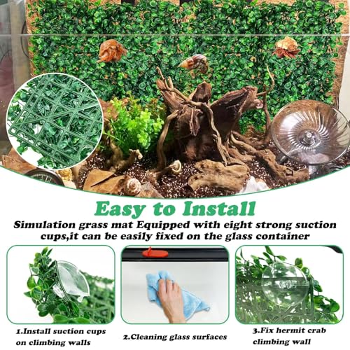 PINVNBY 2 PCS Hermit Crab Climbing Toys Hermit Crab Climbing Wall with Suction Cups Plastic Faux Grass Mat Hermit Crab Accessories for Hermit Crab Tank Decor (24 x 16 Inch)