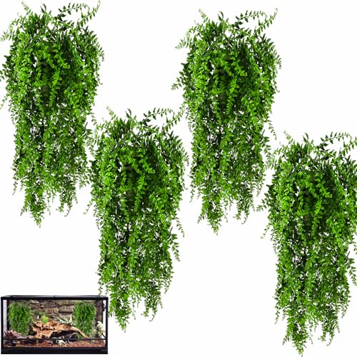 HERCOCCI 4 Pack Reptile Plants, Terrarium Hanging Plants Vines Artificial Leaves Habitat Decorations with Suction Cup for Bearded Dragon Hermit Crab Lizard Snake Geckos Chameleon - color: 4 Pack
