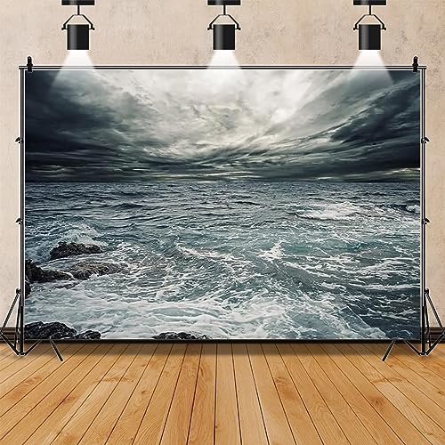 Renaiss Stormy Sea Backdrop for Photoshoot Adults Kids Portrait Marine Low Dark Clouds Waves Reef Misty Ocean Photography Background Nautical Pirate Themed Party Decors 9x6ft Banner Photo Booth Props - size: 9x6ft