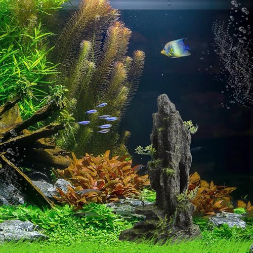 AnRui Aquarium Decorations Large and Tall Mountain View Stone Betta Hideout Fish Tank Accessories Decor Cute Tree Rock Cave Landscape for Turtles, Fish to Play, 14.4inch - size: 8.07" x 4.92" x 14.4"