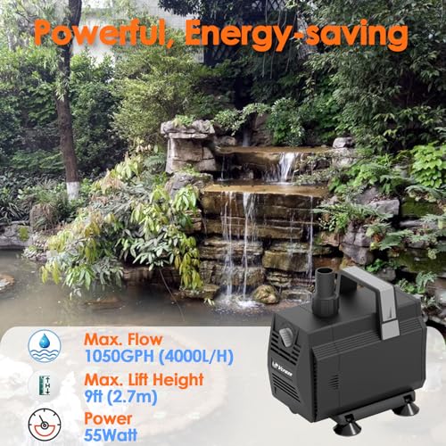 Submersible Water Pump 1050GPH/55W Fountain Pumps with Flow Control, Pond Pump Submersible Outdoor with 10ft 3-Core Power cable for Hydroponics, Aquarium, Waterfall, Statuary, Water feature - size: 1050GPH