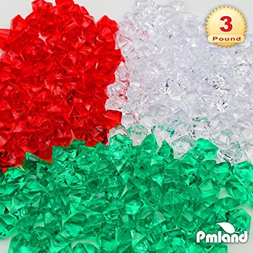 PMLAND Clear Fake Ice Rocks – 550 Pcs Large Acrylic Gems Crushed Plastic Diamonds, Green White Red (3Lbs/2.25 Quarts) – Bulk Vase Filler for Centerpieces Christmas Theme Décor Table Scatter - color: Green White and Red