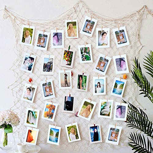 White Fishing Net with White 40 Paper Photos Frames Wall Decorations Fits 6x4 inch, for School Home Party Display Memories, Hanging on walls Collage Ornaments Pictures Display with Clips Set