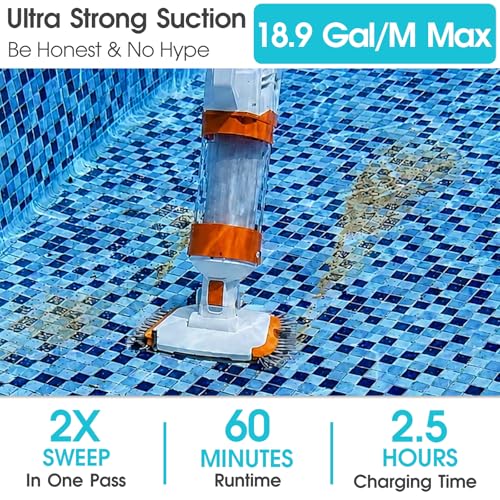 Cordless Pool Vacuum-True Powerful Suction 18.9GPM, 130inch, 1H Runtime, 25µm Fluff Ultra Fine Filter,Handheld Rechargeable Hot Tub Cleaner with Poles for Above Ground&Inground Pool - color: White