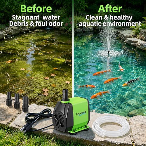 Small Pond Pump with Hose: 45w 800gph Adjustable Flow Circulate 500-1200 Gal Water 1-2 Times in 1.5 Hour - 3 Year Durable Operation Keep Pond Clean for Koi health - size: 45W/800GPH