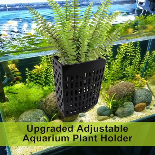4 Pack Aquarium Plant Holder, Fish Tank Plant Basket with Extendable Hook and Suction Cup, Adjustable Planter for Aquaponic Cultivation and Aquascape Decor (Black)