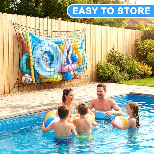 Pool Float Storage Net Extra Large 78.7 x 44.5 in, Hanging Elastic Mesh Fence Organizer with 20 Hooks and 100 Ties, For Rafts Noodles Inflatables and Swim Gear