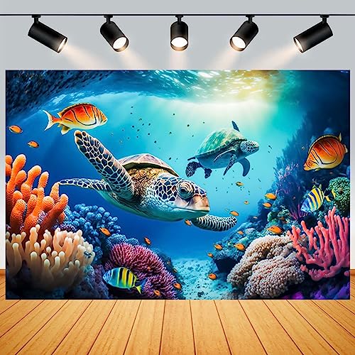 Yeele 7x5ft Sea Turtles Backdrop for Photography Underwater World Tropical Fishes Reef Coral Background Under The Sea Aquarium Decoration Vinyl Home Office Wallpaper - size: 7x5ft
