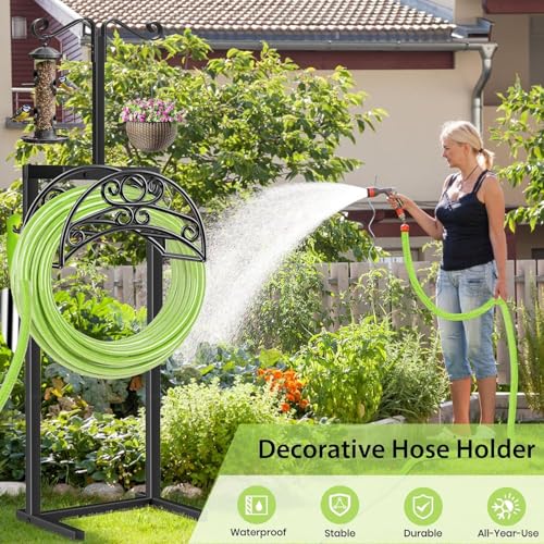 TomCare Garden Hose Holder Upgraded Water Hose Holder Heavy Duty 4 Spikes Hose Hanger Holds 160 Feet Hoses Stable Freestanding Hose Storage Organizer for Outside Yard - color: Deep Black