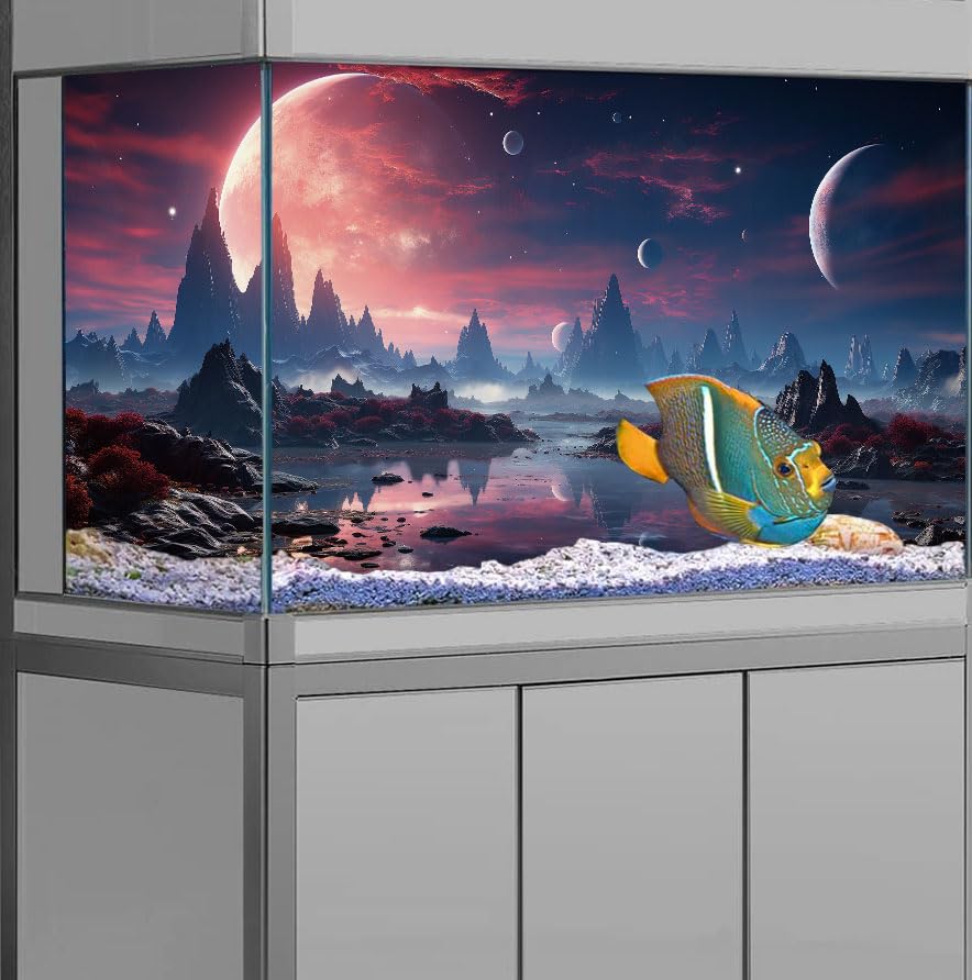 24X16IN Cosmic Spaceterrarium Background, Cool Parallel Space Themed Aquarium Reptile Habitat Background, Red Moon Aquarium Background with 10EVA Double-Sided Tape - color: space01, size: 24X16in/60X40cm