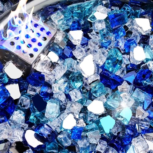 NUPICK 10 Pound Fire Glass for Fire Pit, 1/2 Inch Tempered Mixed Fire Glass in Bahama Blend for Propane Fire Pit & Gas Fireplace, Blue and White Fire Glass Rock - color: Mixed Blue&white, size: 10 Pound (1/2")