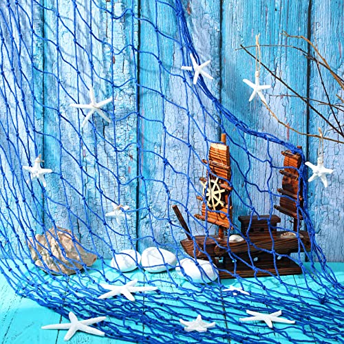 21 Pieces Starfish Ornament Sets Starfish Decor Fish Net Sea Wall Decor Fishnet Nautical Decoration for Crafts Beach Wedding Mermaid Party Under The Sea Party Decorations(Blue) - color: Blue