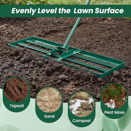 Goplus Lawn Leveling Rake, 36" x 10" Heavy Duty Level Lawn Tool w/ Ergonomic Handle for Soil, Effort-Saving Landscape Rake for Garden, Backyard, Golf Course, Farm, Pasture - style: 36" x 10", Green