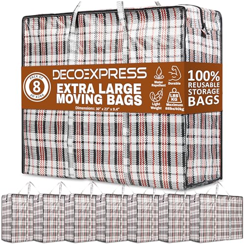 8 Pack Heavy Duty Moving Bags with Strong Zipper & Carrying Handles, 107L/ 28 gal Large Durable Clothes Storage Totes, 88 lbs Packing Moving Boxes, Closet Organizers and Storage (29.9x23.2x29.4 IN) - size: Pack of 8