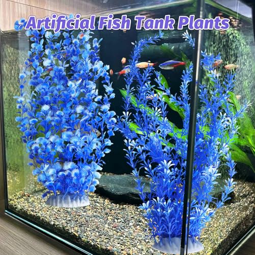 Hamiledyi Aquarium Plastic Plants Aquarium Decor Artificial Fish Tank Plants,Tall Fish Tank Decorations, Extra Large Aquarium Plant 23.6-inch Tall,2PCS（Blue） - color: Blue