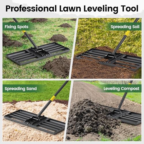 Lawn Leveling Rake with 30"x10" Foldable Curved Ground Plate, Heavy Duty 72" Long Handle Lawn Leveler Tool for Leveling Compost Soil Dirt Sand Grass Peat Moss - style: Foldable 30X10" - 6FT