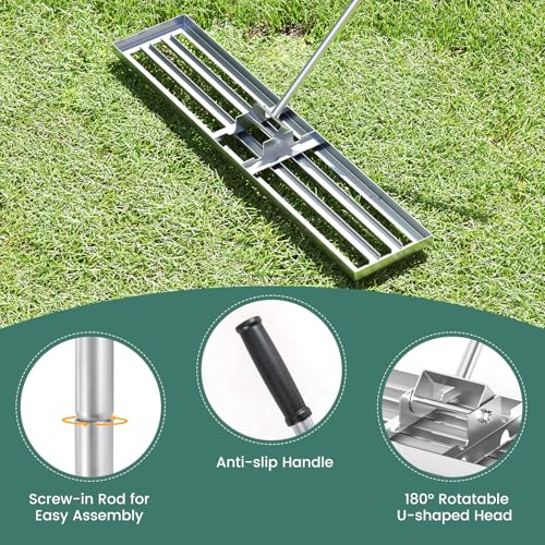 Goplus Lawn Leveling Rake, 46" x 10" Heavy Duty Level Lawn Tool w/ Ergonomic Handle for Soil, Effort-Saving Landscape Rake for Garden, Backyard, Golf Course, Farm, Pasture, Silver - style: 46" x 10", Silver