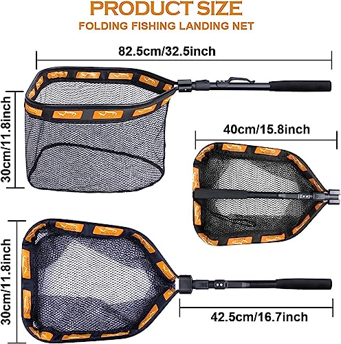 PLUSINNO Floating Fishing Net for Steelhead, Salmon, Fly, Kayak, Catfish, Bass, Trout Fishing, Rubber Coated Foldable Landing Net with Fixed or Telescoping Pole Handle, Fishing Gear and Gifts for Men - color: 2 Pack - 0.8M Orange